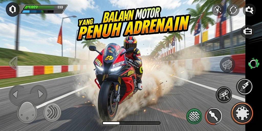 Tampilan gameplay KNO89 yang menarik dengan aksi balapan motor.